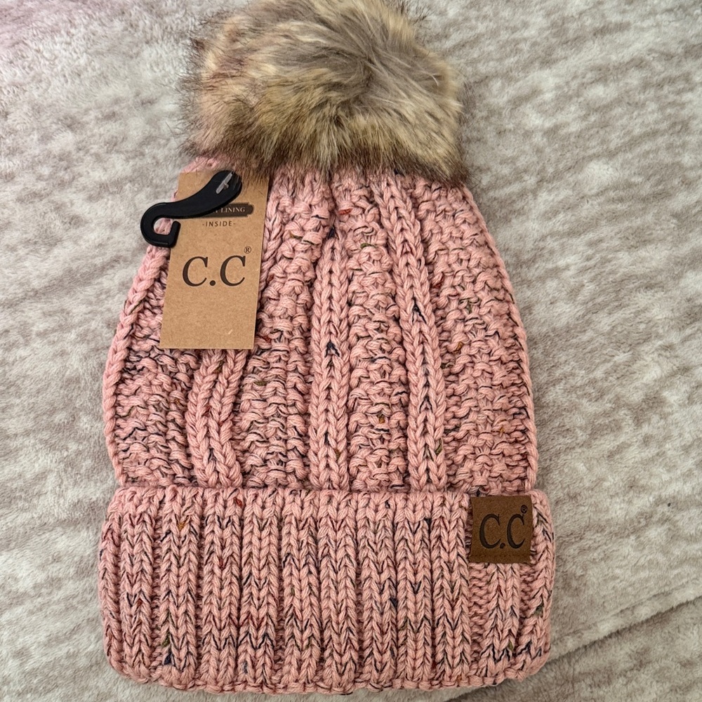 C.C Adult Pink Lined Knit Beanie with Faux Fur Pom/ ASK 15% OFF